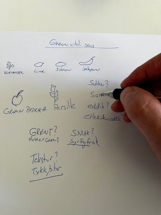 Hånd som skriver og tegner råvarer i en notatblokk, omgitt av chili, krydder og sausflaske – prosessen bak nye oppskrifter hos Østfold Smakskompani
