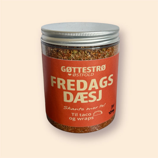 Tacokrydder uten sukker – glass med fargerik etikett fra Østfold Smakskompani, perfekt til fredagstaco